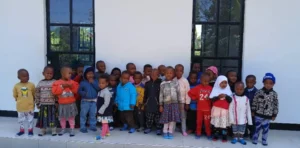 children lined up outside school building